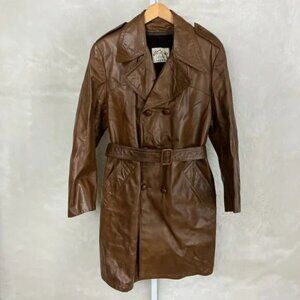 Vintage 70s Brown Leather Double Breasted Belted Trench Coat 42 M/L